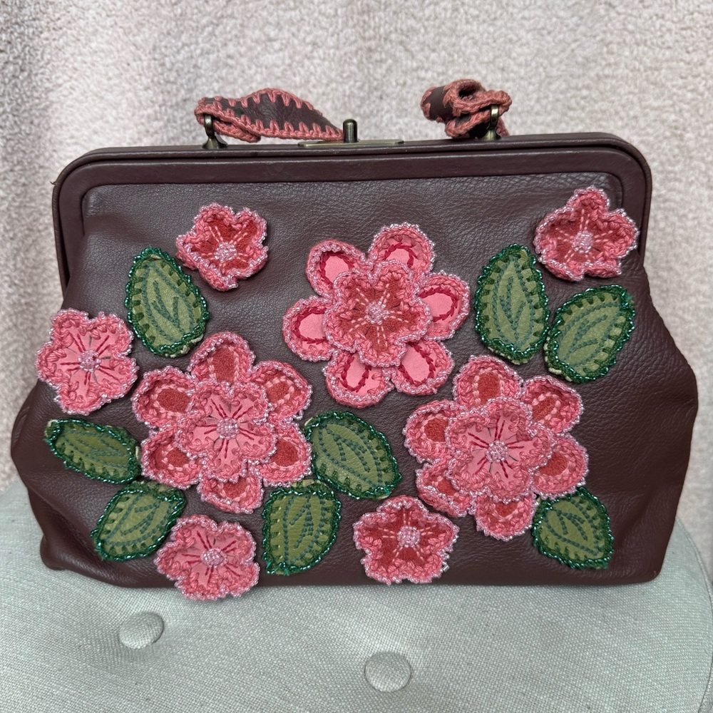 Isabella Fiore Brown Leather Handbag w/ Embroidered Beaded Pink Flowers Green